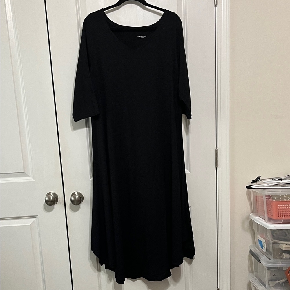 Eileen Fisher Black V-Neck Jersey Knit Shark Bite Hem Maxi Dress XL